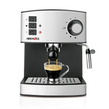 Minimoka - Cafetera espresso | 2 cacillos para 1 o 2 cafés | 15 bar | 850W | Vaporizador | 1.6L | Café molido o monodosis | Bandeja calienta tazas | Filtro Extra Cream | Inox