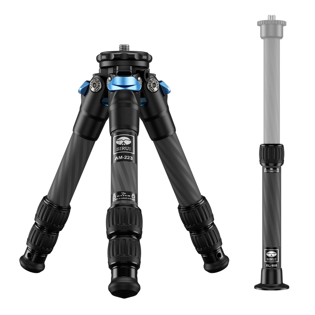 SIRUI AM-223+SL-100 Mini Trípode de Fibra de Carbono con Columna Central, Trípode de Sobremesa Ligero de Viaje para Cámaras, Cierres Giratorios, Picos, MAX 660mm, Retraído 215mm, 12KG de Carga Útil