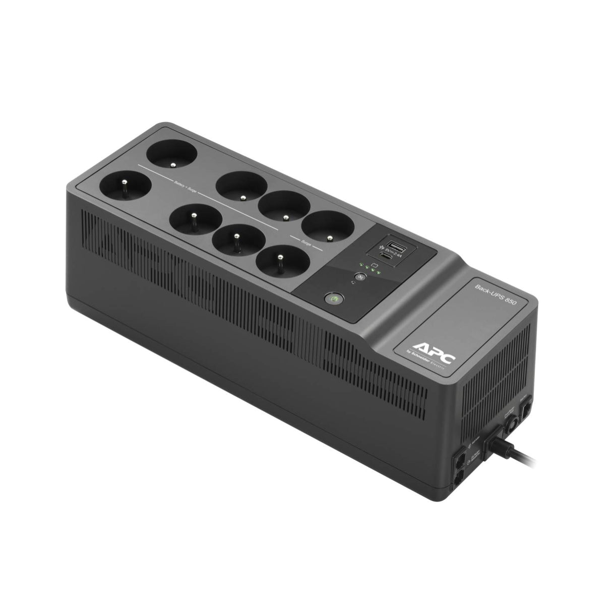 APC Back-UPS Essential BE850G2-FR - Inversor de pararrayos con batería de Respaldo de 850VA (8 enchufes, Protector contra sobretensiones, 2 Puertos de Carga USB rápidos Tipo A y Tipo-C)