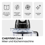 CHEFMAN 2-in-1 Food Processor and Portable Blender with 400W Motor, 2-Tiered Blade System, Ice Crusher - Ideal for Smoothies, Purees, Chopped Vegetables and More - Large and Small Jars, Pulse Function