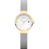 BERING 14426-010 Reloj solar para mujer con caja de acero inoxidable de 26 mm con acabado dorado y esfera blanca, correa milanesa, cristal de zafiro y resistencia al agua de 5 ATM