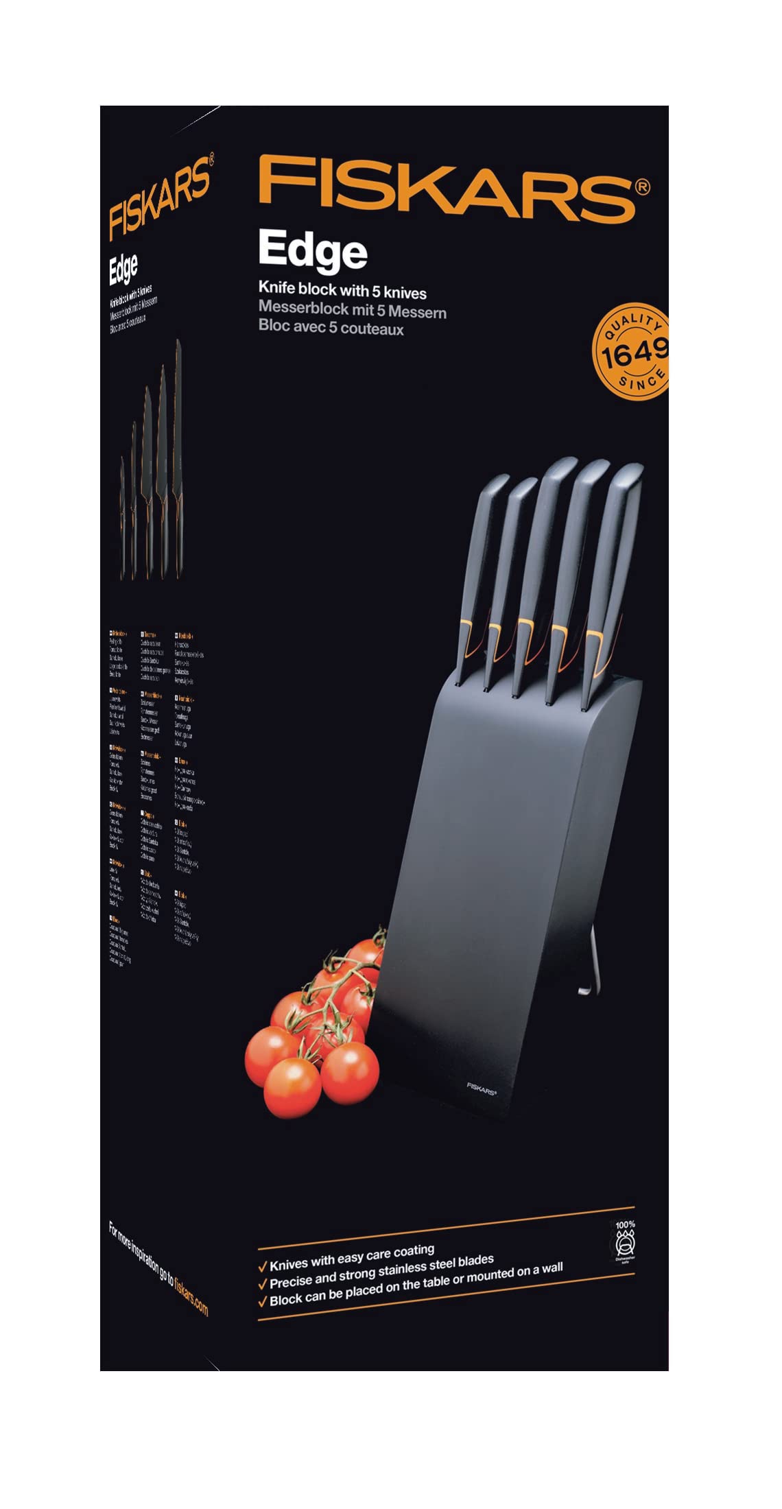 Fiskars Bloque de cuchillos con 5 cuchillos, Ancho: 15,5 cm, Alto: 37 cm, Madera de abedul, Negro, Edge, 1003099