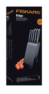 Fiskars Bloque de cuchillos con 5 cuchillos, Ancho: 15,5 cm, Alto: 37 cm, Madera de abedul, Negro, Edge, 1003099