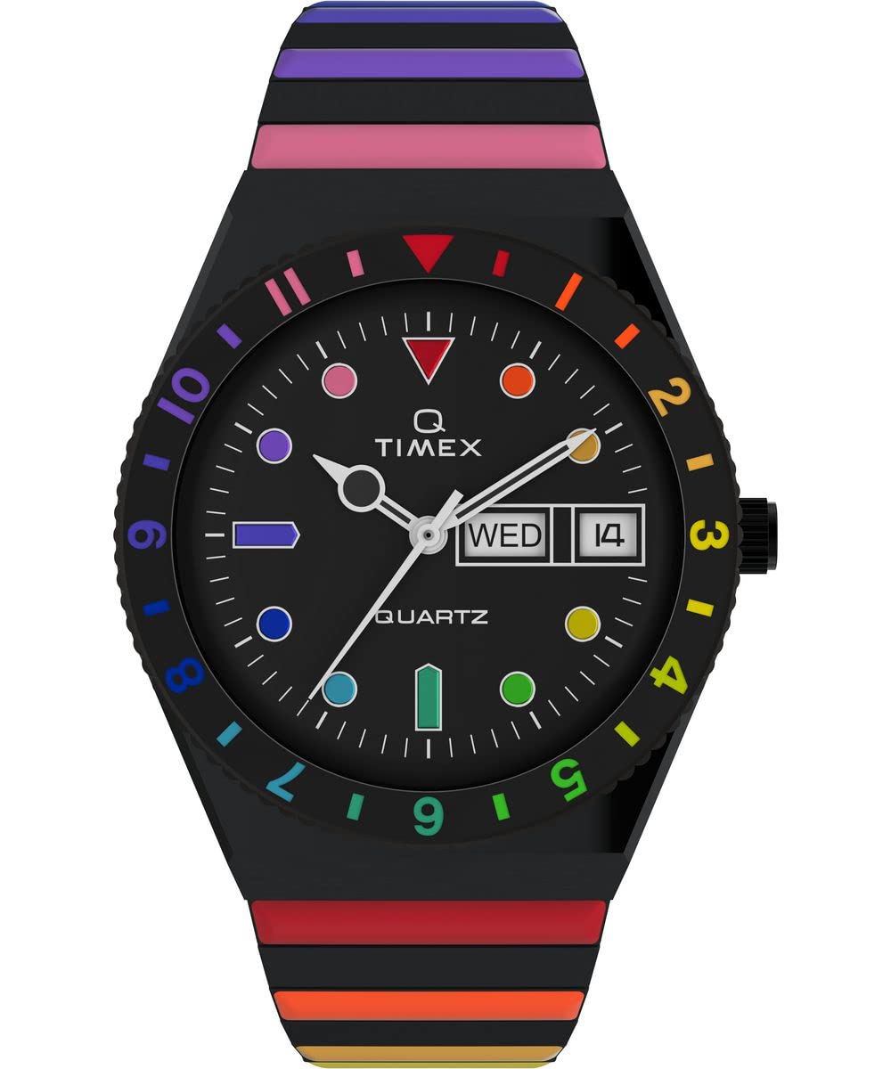 Timex Reloj Q - Reloj de 36 mm para mujer, correa de expansión de acero inoxidable negro, esfera negra, caja negra TW2V65900