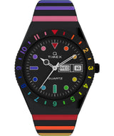 Timex Reloj Q - Reloj de 36 mm para mujer, correa de expansión de acero inoxidable negro, esfera negra, caja negra TW2V65900