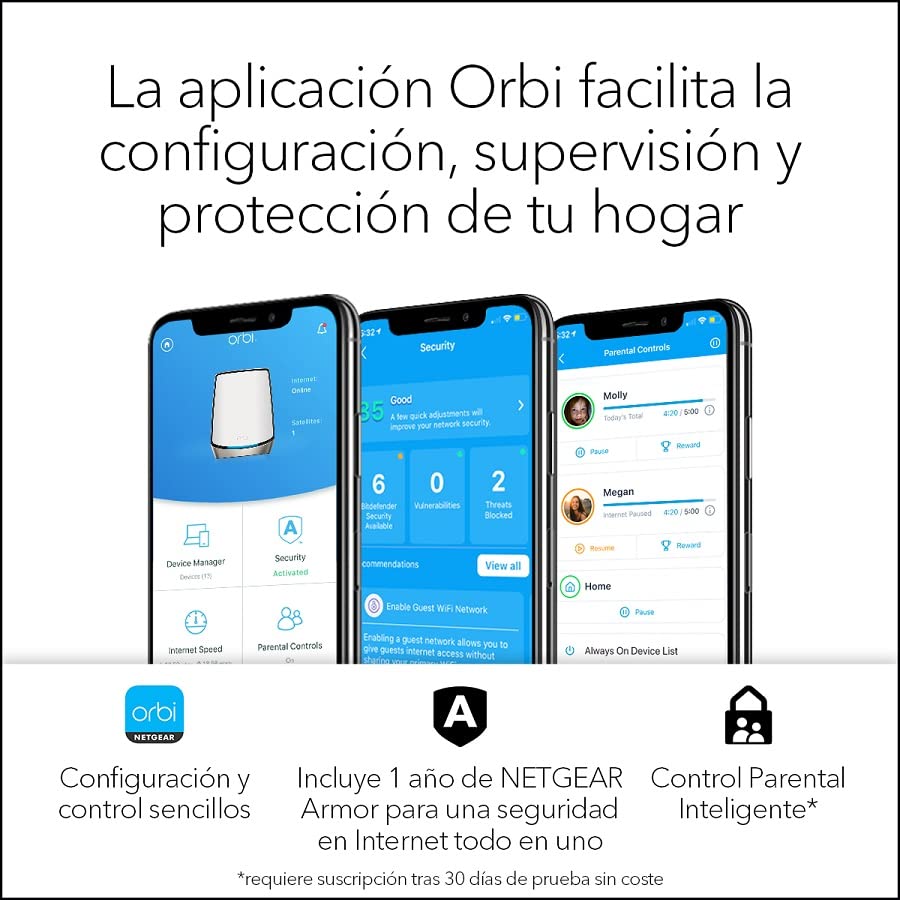 NETGEAR Orbi Sistema Mesh WiFi 6 RBK863S |AX6000 Tribanda Router y 2 Satélites Extensores |Cobertura de hasta 750 m2 y 100 dispositivos |Puerto Internet 10 Gig
