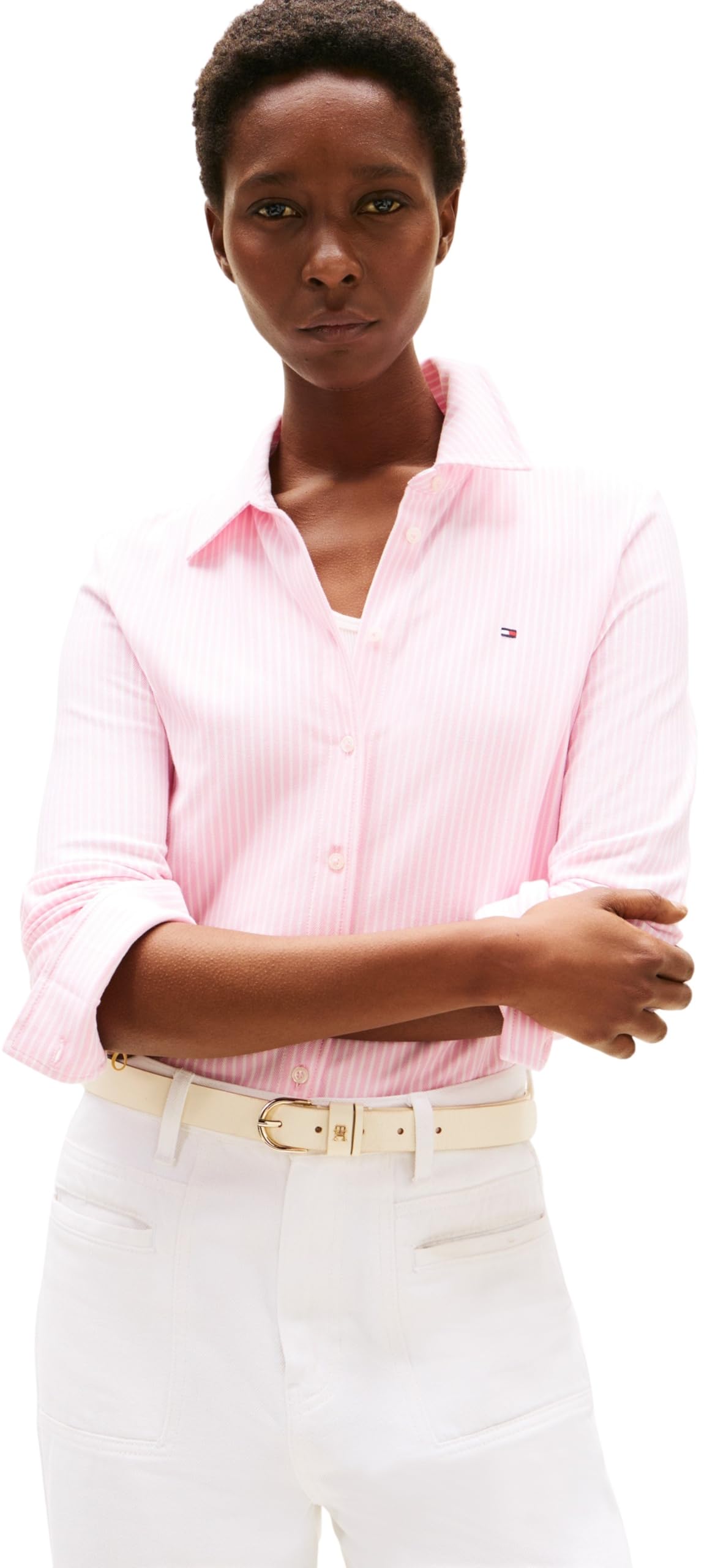 Tommy Hilfiger Camisa Mujer 1985 Slim con cuello francés, Multicolor (Ithaca Stp/ Classic Pink), S