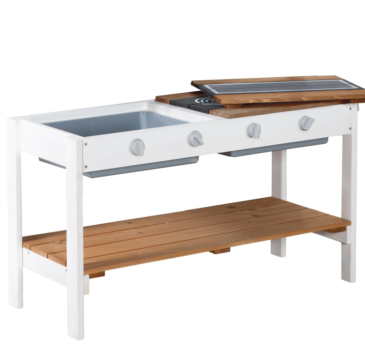 roba Ampliación de Cocina para casa de Juegos – Cocina Infantil al Aire Libre Blanco y marrón con Barbacoa y Placas de cocción – Accesorios para casa de Juegos de jardín a Partir de 18 Meses – con