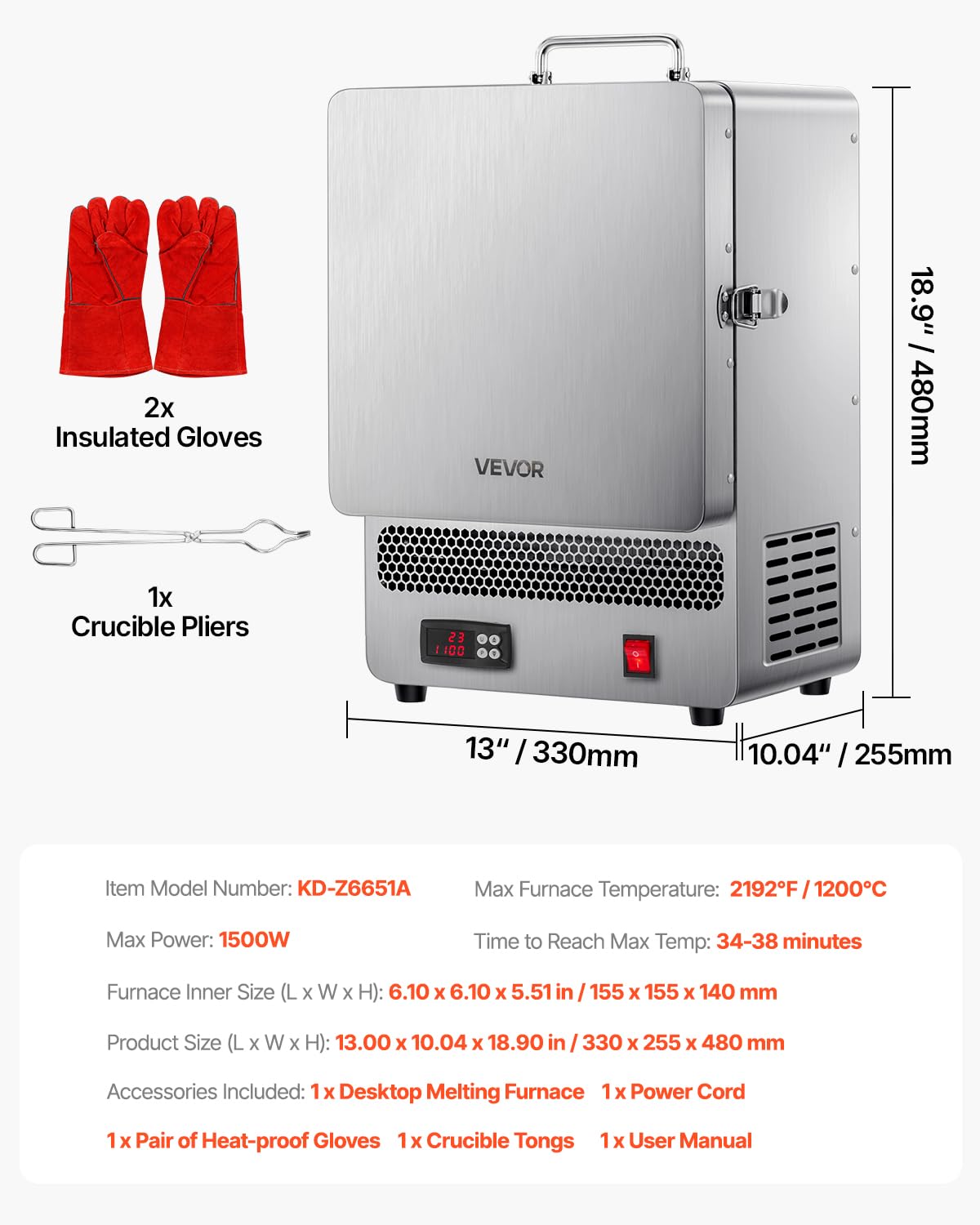 VEVOR Horno Fundidor de Sobremesa, 1500 W Horno Potente Eléctrico de Acero Inoxidable Temperatura Máxima de 1200 ℃ de Fundir Oro para Fundición en Cera, Bricolaje con Arcilla, Templado de Metales