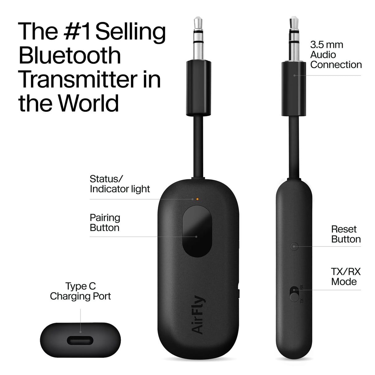 Twelve South AirFly Pro - Transmisor/Receptor de Audio inalámbrico Bluetooth para hasta 2 AirPods/Auriculares inalámbricos; Uso con Cualquier Conector de Audio de 3,5 mm, Color Negro