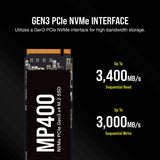 Corsair MP400 8TB Gen3 PCIe x4 NVMe M.2 SSD (Velocidades de Lectura Secuencial de hasta 3.400 MB/s y de Escritura Secuencial de 3.000 MB/s, 3D QLC NAND de Alta Densidad) Negro
