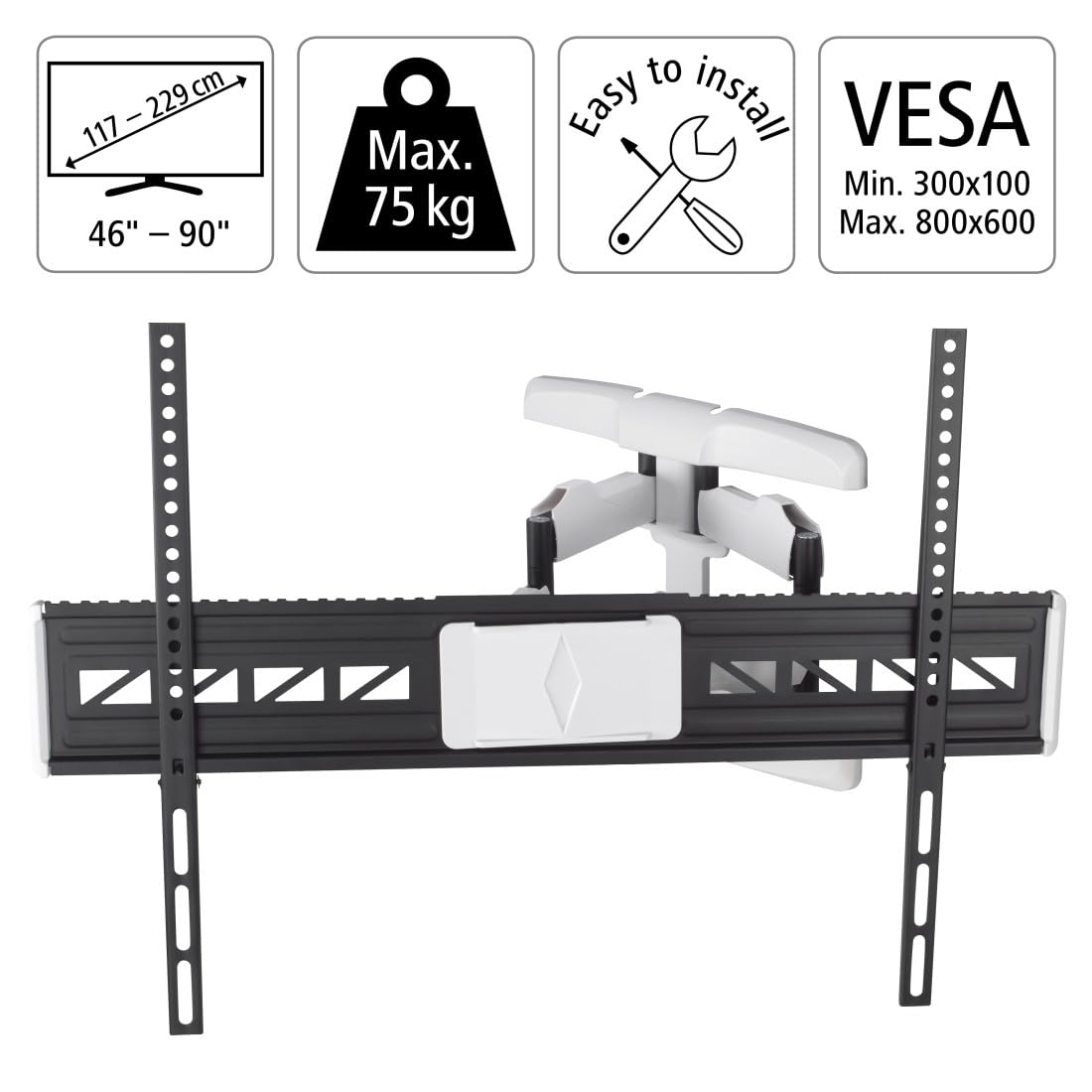 Hama Soporte de Pared para TV (3 articulaciones, 90 Pulgadas, VESA 800 x 600, LCD/LED, para TV, Montaje en Pared, Giratorio 120 Grados, Inclinado, Acero, Capacidad de Carga máxima de 75 kg, bisagras