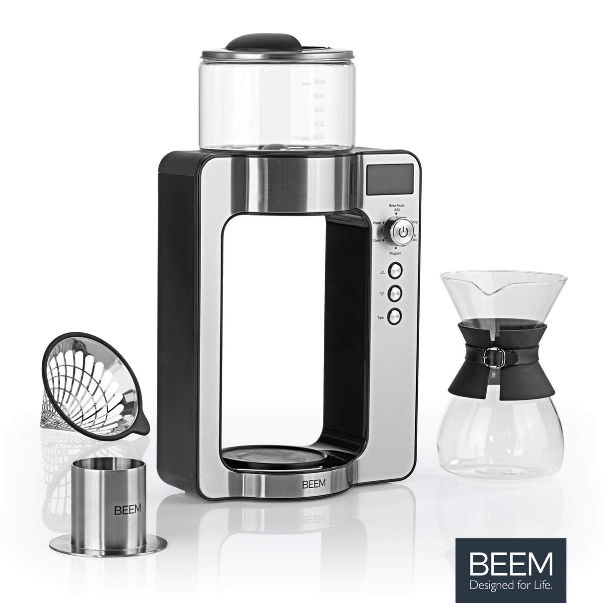 Beem Basic Selection Pour Over - Cafetera goteo con báscula de cristal, de acero inoxidable, jarra de café de 0,75 L, con principio de preparación directa, con cabezal giratorio