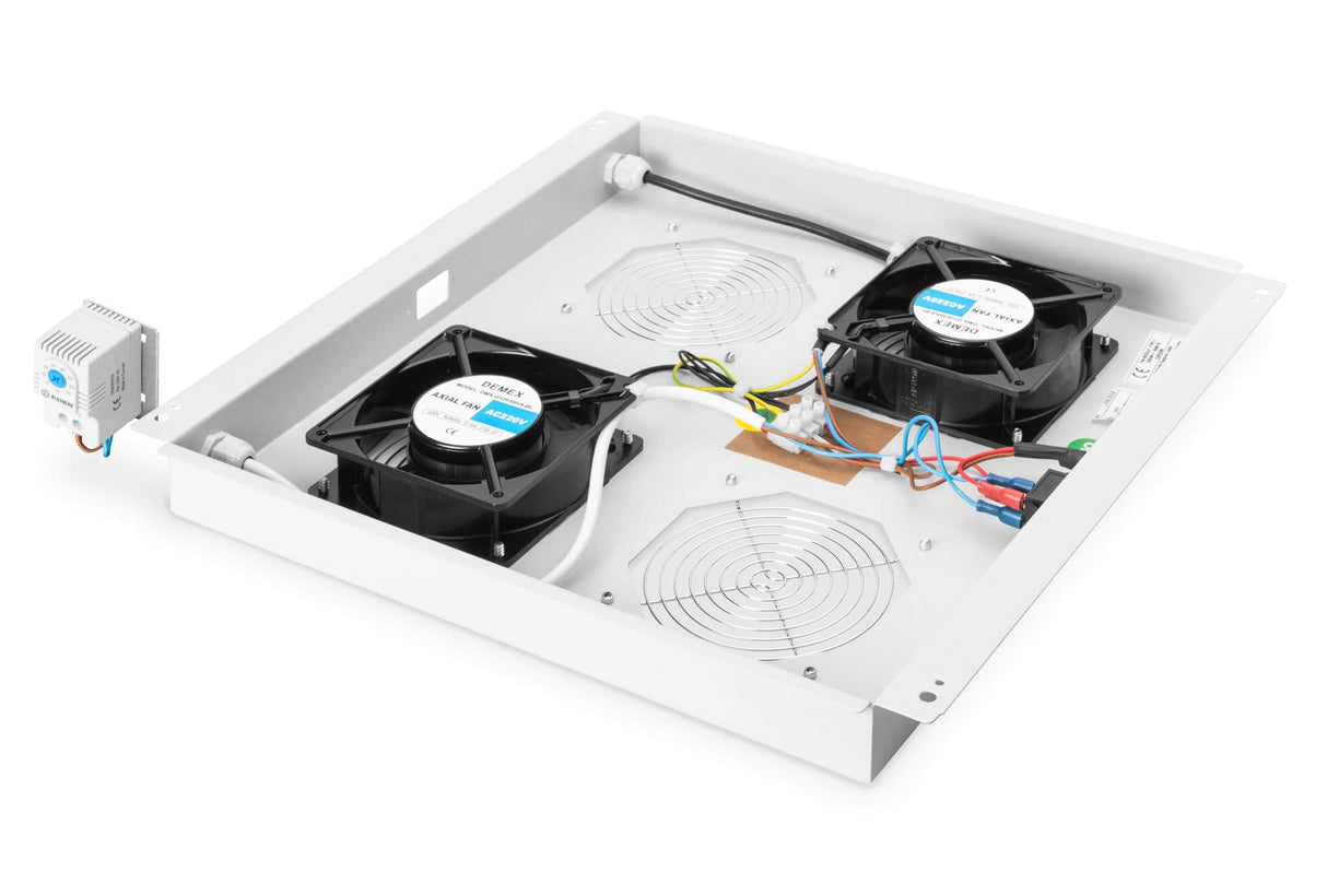 DIGITUS Unidad de ventilador de techo para armario de red (Dynamic Basic / Unique) y armario de servidores (Dynamic Basic), 2 ventiladores, termostato, gris (RAL 7035)