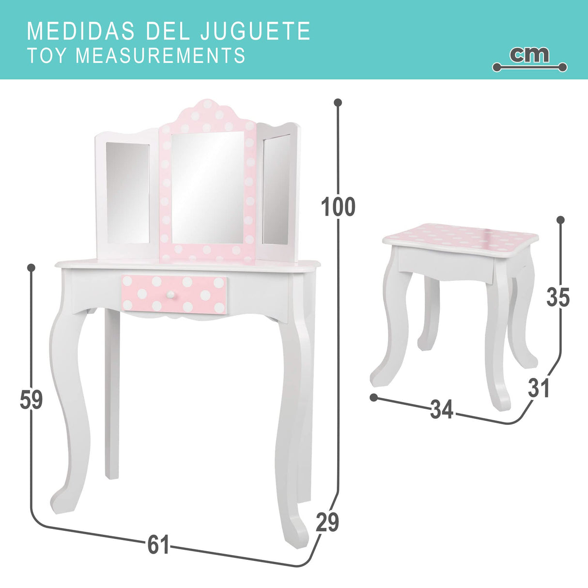 WOOMAX - Tocador niña, Maquillaje niña niño, Tocador de Madera Infantil con Taburete y Espejo Niña, Centro de Belleza con cajón, Juguetes educativos niños 3 años, Juguetes imitación (85388)