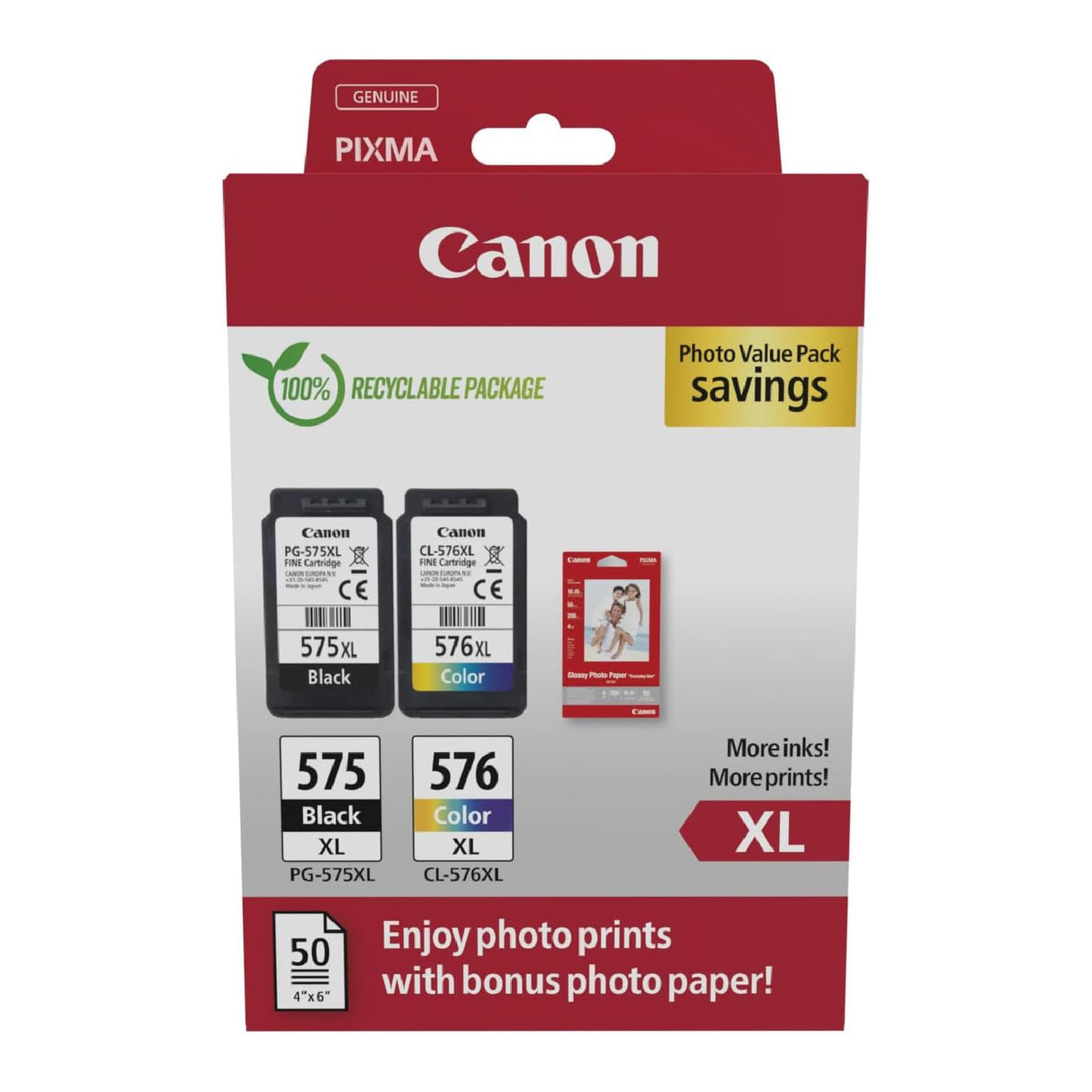 Canon Tinta y Papel - PG-575XL + CL-576XL - Pack de 2 Cartuchos Originales - (x 1 Negro, x 1 Tricolor) + Papel fotográfico 10 x 15 cm (50 Hojas)