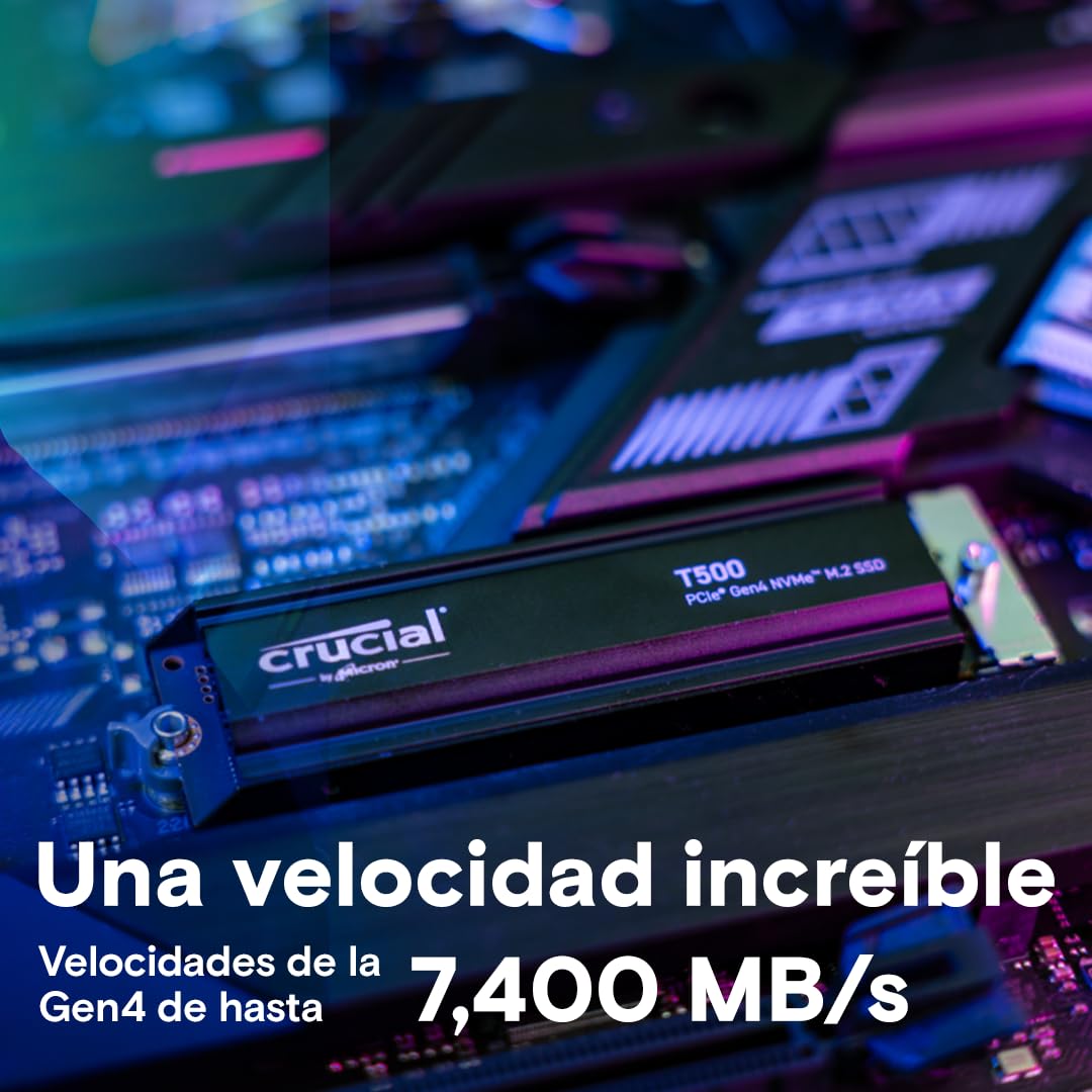 Crucial T500 SSD 1TB PCIe Gen4 NVMe M.2 PS5 SSD Interno Gaming con Disipador, hasta 7300 MB/s, Compatible Playstation 5, TLC NAND, Ordenador Portátil y de Sobremesa, Disco Duro SSD - CT1000T500SSD5