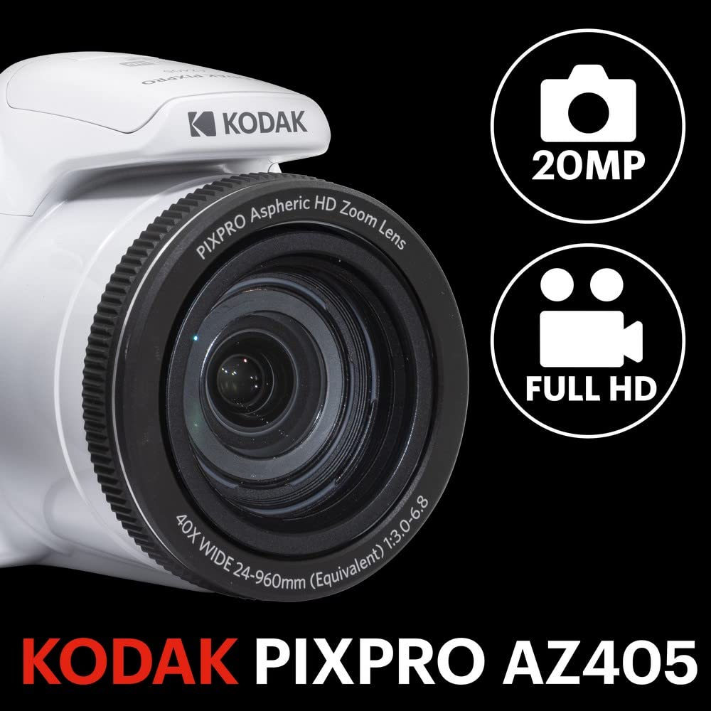 KODAK Pack Bridge Digital Pixpro Astro Zoom AZ405 + Tarjeta SDHC Kodak Ultra High Speed U1 32GB - Cámara Digital 20 MP, Zoom 40X, Gran Angular, LCD, Video Full HD 1080p, OIS, Pilas AA - Blanco