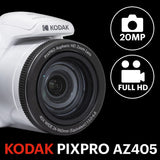 KODAK Pack Bridge Digital Pixpro Astro Zoom AZ405 + Tarjeta SDHC Kodak Ultra High Speed U1 32GB - Cámara Digital 20 MP, Zoom 40X, Gran Angular, LCD, Video Full HD 1080p, OIS, Pilas AA - Blanco