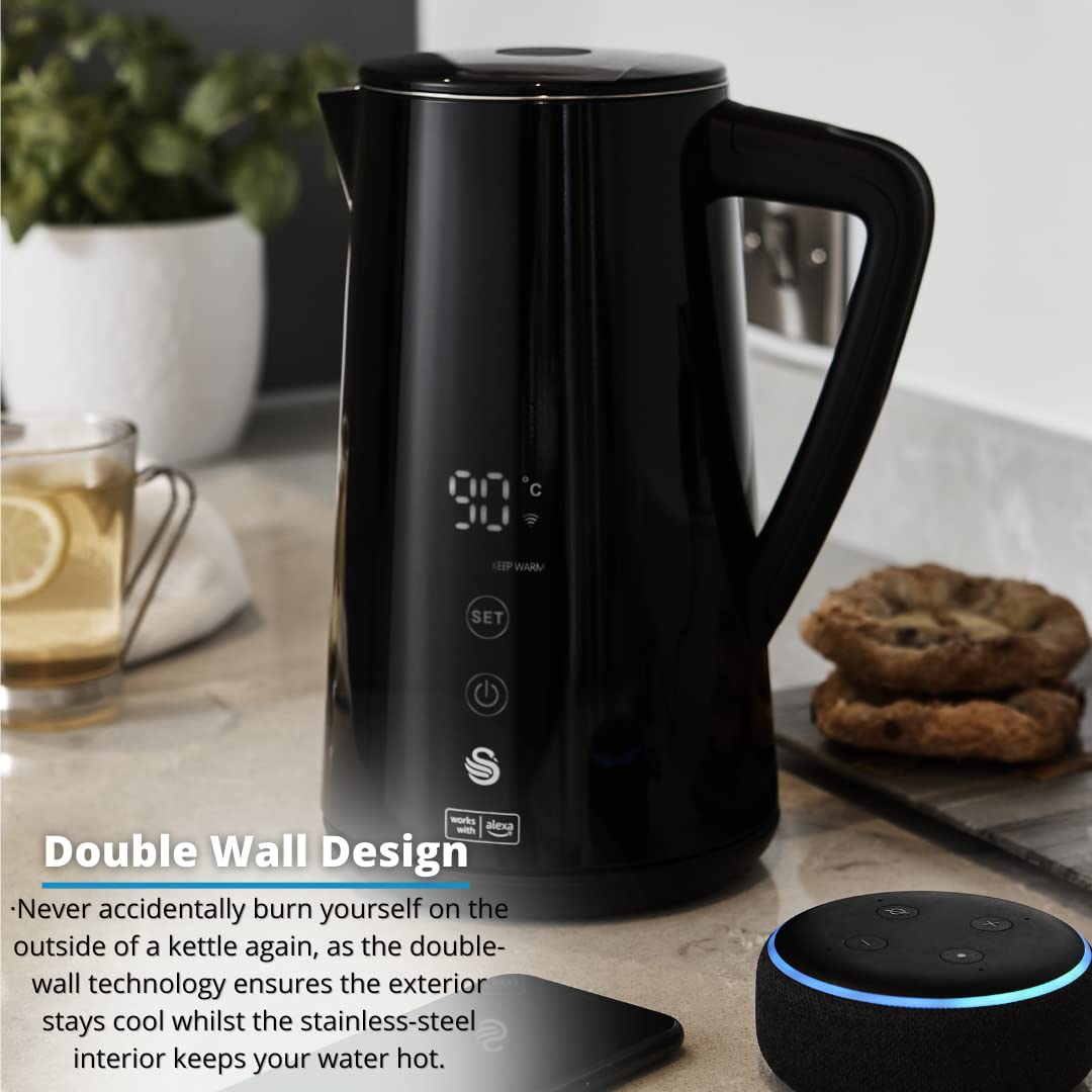 Swan Alexa Hervidor Agua Eléctrico Inteligente WIFI Smart Kettle 1,5L, Inalámbrico, Pantalla LED Táctil, Función Mantener Caliente, Pared Aislada Acero Inoxidable, 1800W, Negro, SK14650BLKN