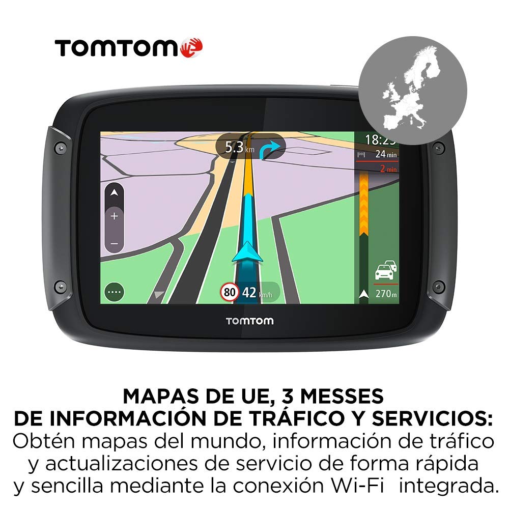 TomTom GPS para motocicletas Rider 50 (4,3 pulgadas con carreteras montañosas, actualizaciones mediante Wi-Fi, info tráfico en tiempo real, Radares de tráfico para 3 meses, 24 mapas)