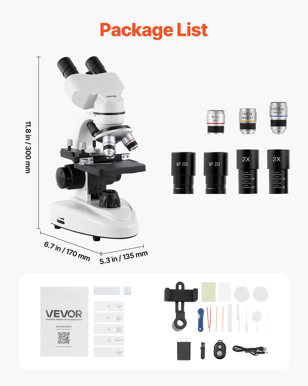 VEVOR Microscopio Compuesto con Aumento de 40-2000X Kit de Microscopio Binocular Cuerpo de Aleación de Aluminio, Luz LED, Soporte para Teléfono, para Estudiantes, Laboratorios, Escuelas, Hogar