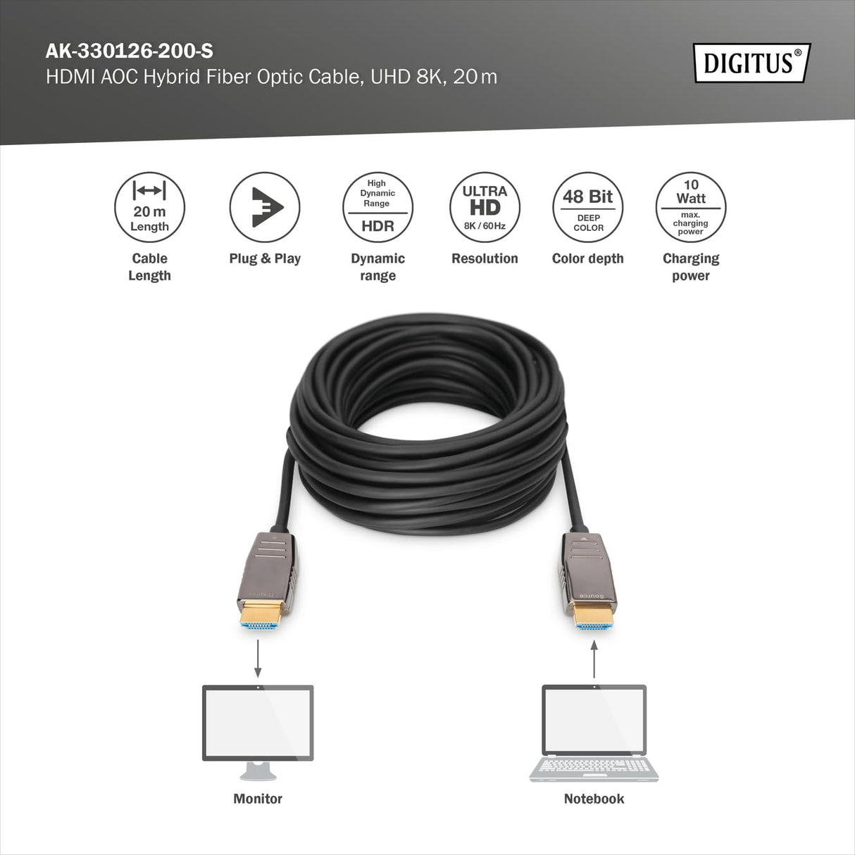 DIGITUS HDMI AOC Cable híbrido de fibra óptica - HDMI 2.1 - 30m - 8k/60Hz - UHD-II - canal Ethernet - HDR eARC HDCP 2.2 - compatible con TV/beamer/monitor - contactos chapados en oro - Negro