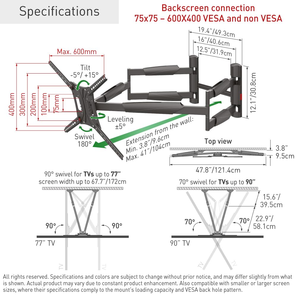 Barkan Soporte de Pared para TV de 104 cm de Largo, Brazo Doble de 13 a 90 Pulgadas, Giratorio/Movimiento Completo, Soporte para TV, soporta hasta 60 kg, Extra Estable, para LED OLED LCD, máx. VESA