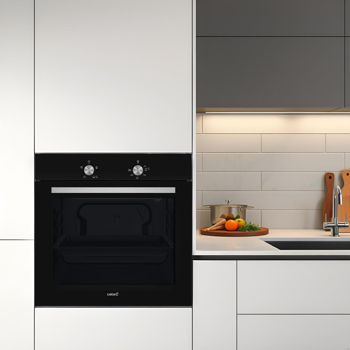 Cata Horno Estático SES 6004 BK 4 Funciones Puerta Panorámica Full Glass Limpieza AquaSmart Iluminación Interior Ancho de 60 cm Gran Capacidad 62 L Iluminación Interior Acabado Inox Cristal Negro