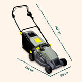 Cortacésped eléctrico de inducción – Cortacésped Ajustable, 5 Alturas de Corte, diámetro de Corte 380 mm, Velocidad 3000 RPM, 1600 W, 230 V, con Cesta de Recogida 50 l, 143 x 105 x 55 cm