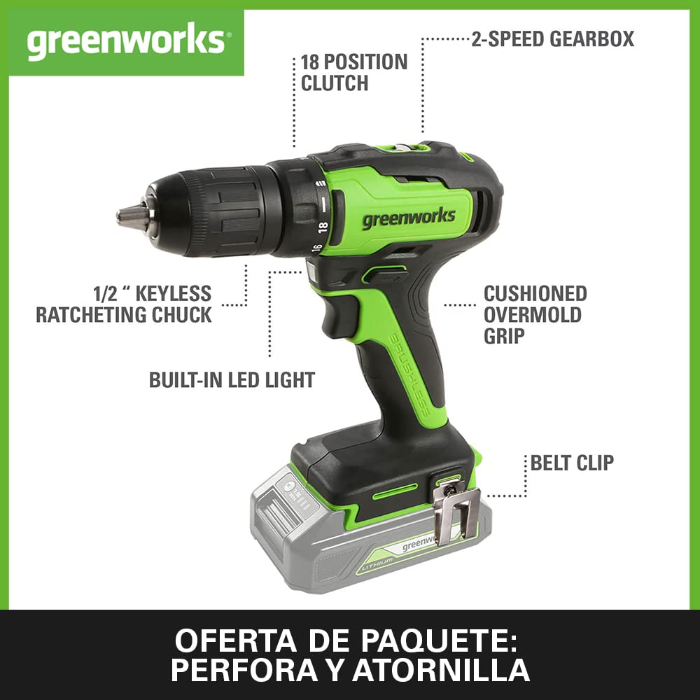 Greenworks GD24DD35K2 Taladro Atornillador y GD24ID200 Taladro de Impacto CON 2 x 24V 2Ah Baterías y Cargador, Garantía de 3 Años