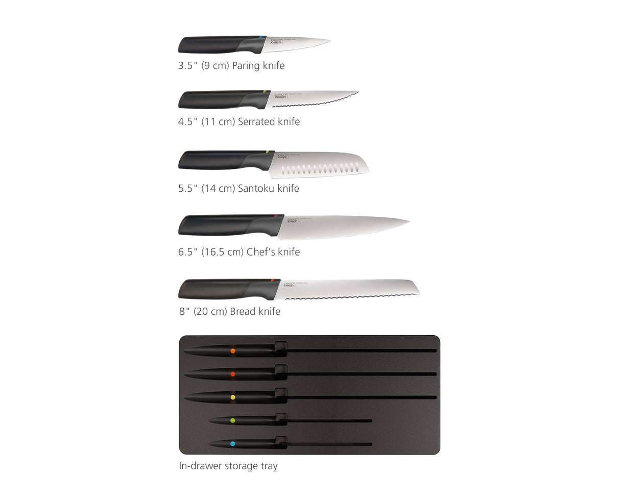 Joseph Joseph Elevate Cuchillos de Cocina Profesionales y Utensilios de Cocina, 10 piezas, con Almacenamiento para Cajón, Negro/Multicolor