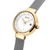 BERING 14426-010 Reloj solar para mujer con caja de acero inoxidable de 26 mm con acabado dorado y esfera blanca, correa milanesa, cristal de zafiro y resistencia al agua de 5 ATM