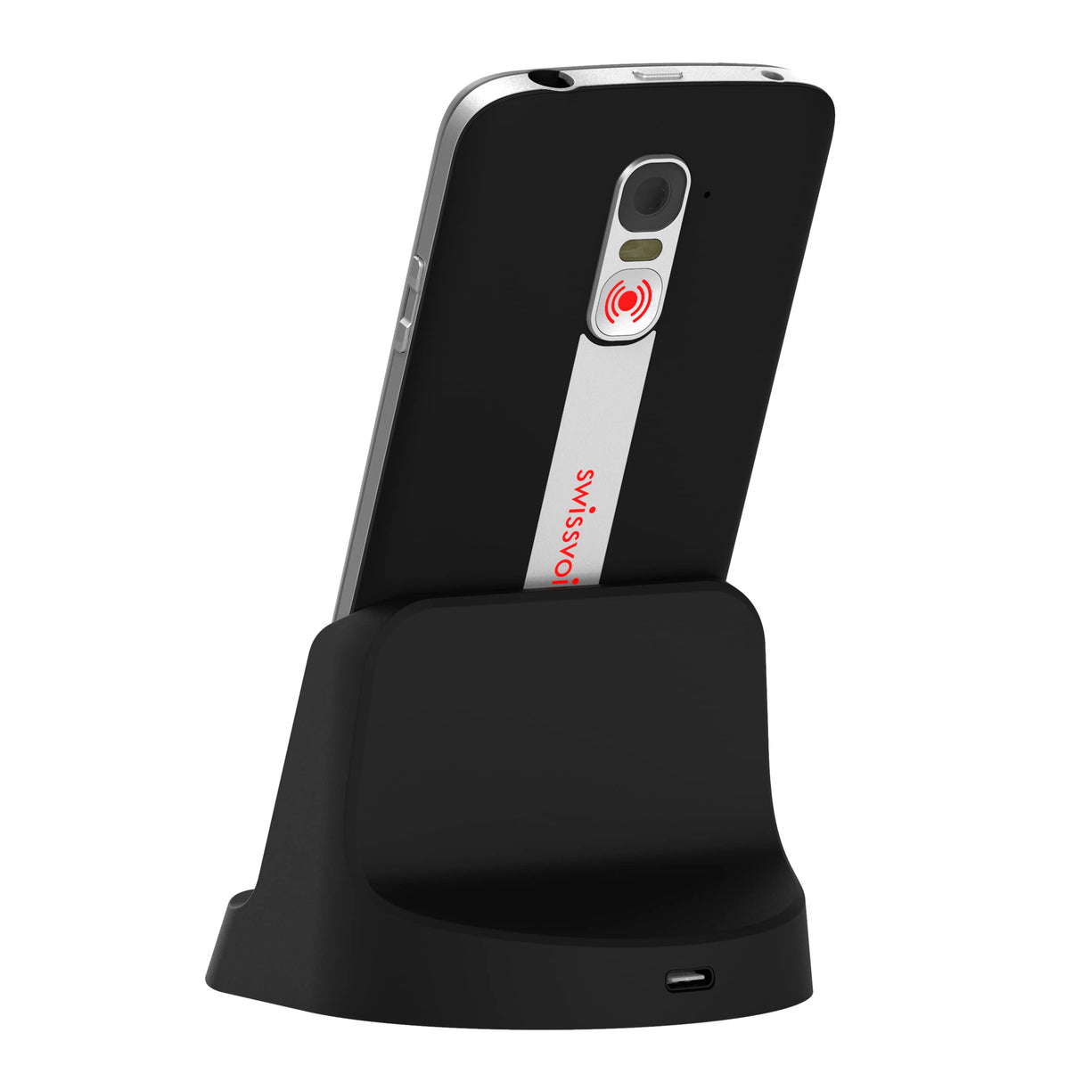 Swissvoice - Smartphone S510-C + Base de Carga + Cordón para el Cuello - Fácil de Usar - Botones Grandes - Botón de geolocalización SOS - Smartphone Seniors 4G - Libre - Negro