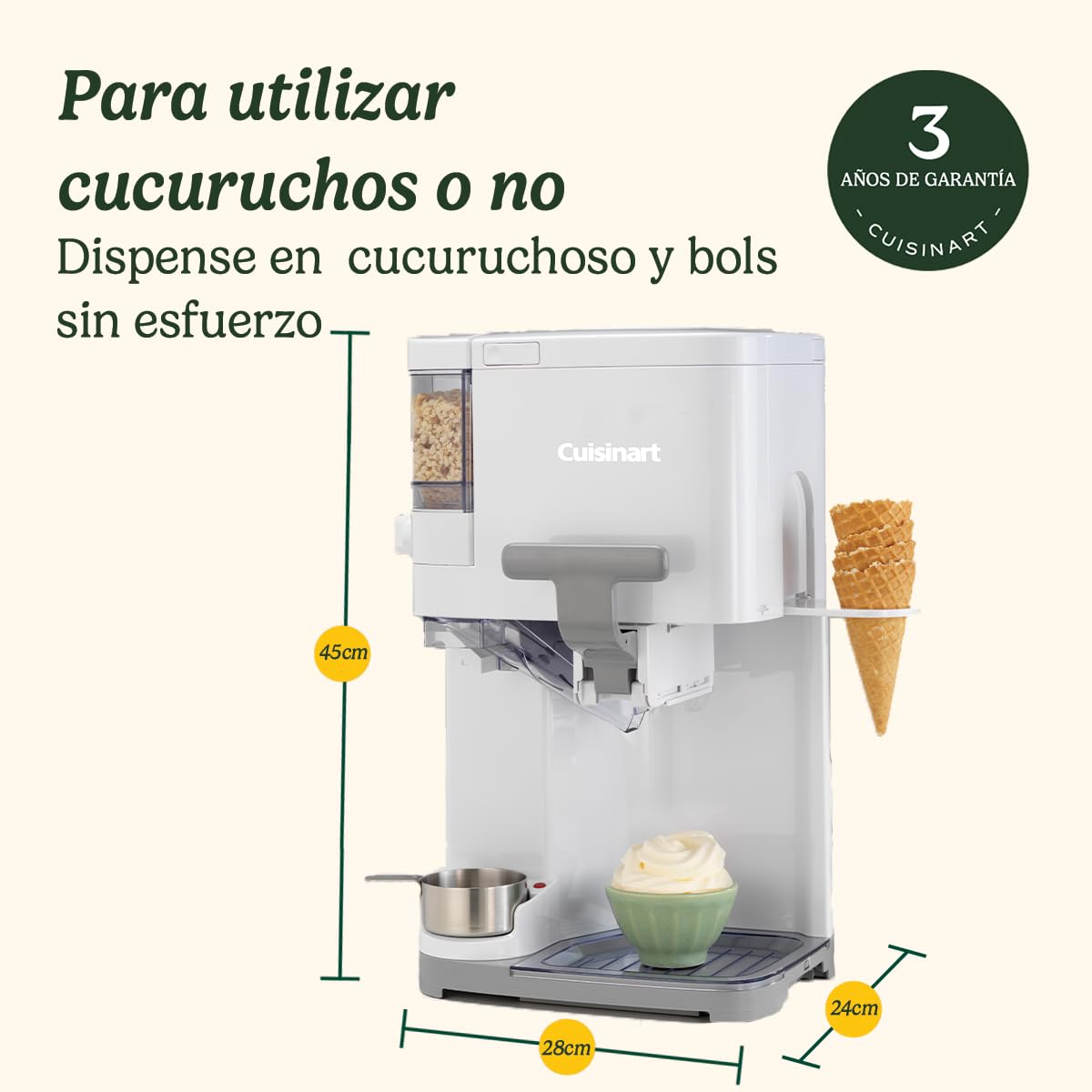 Cuisinart Heladera Soft Serve Ice Cream Maker, Capacidad 1.4L, 100% automática, Helado suave, Dispensador de toppings, Cucuruchos