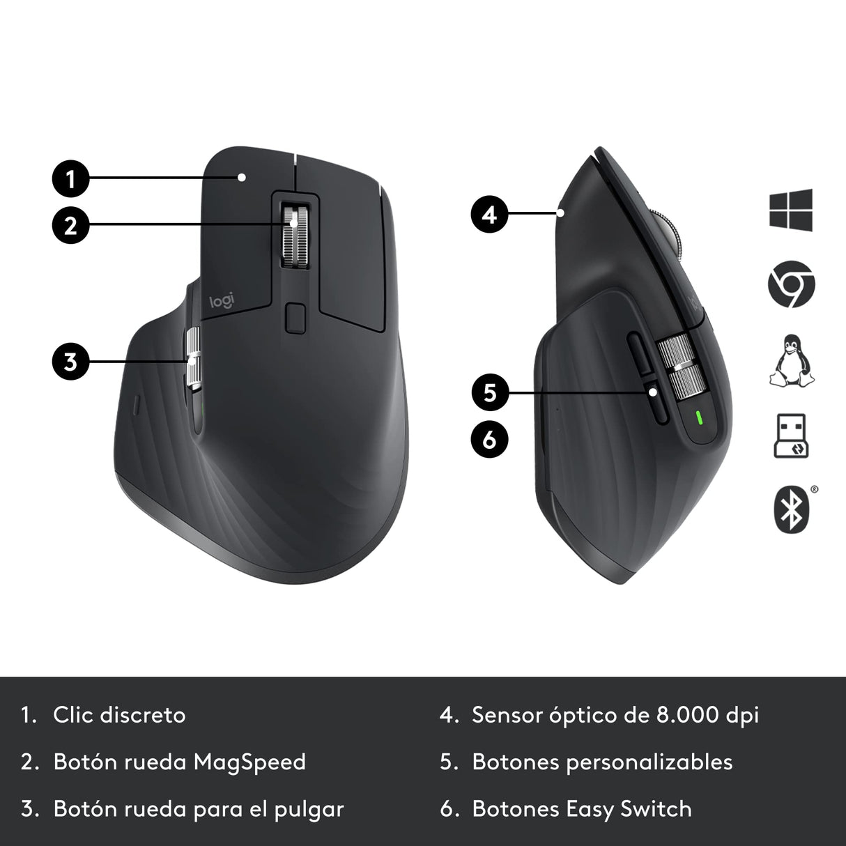Logitech MX Master 3S para empresas, ratón inalámbrico con clics suaves, 8K DPI, receptor USB Logi Bolt seguro, BT, carga USB-C, Desplazamiento MagSpeed, Windows/Mac/Chrome/Linux - Gris