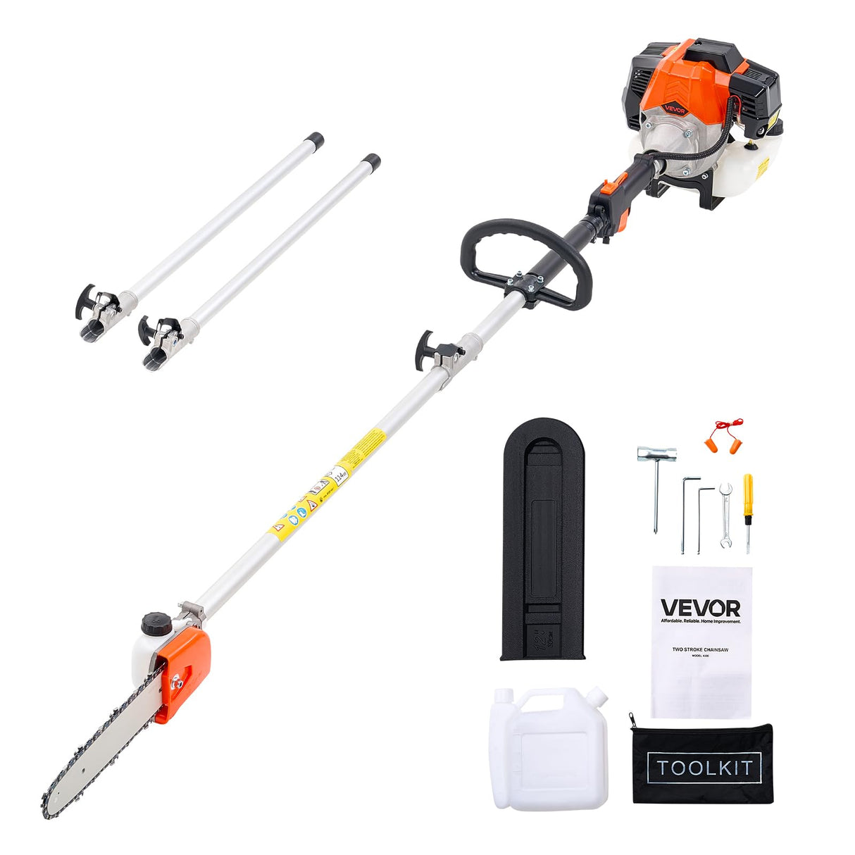 VEVOR Motosierra de Pértiga a Gasolina, Motosierra Inalámbrica de 43 cc y 2 Tiempos con Barra de Corte de 25,4 cm, Tanque de Combustible de 850 ml y Extensible de 2,08-3,58 m para Podar Árboles