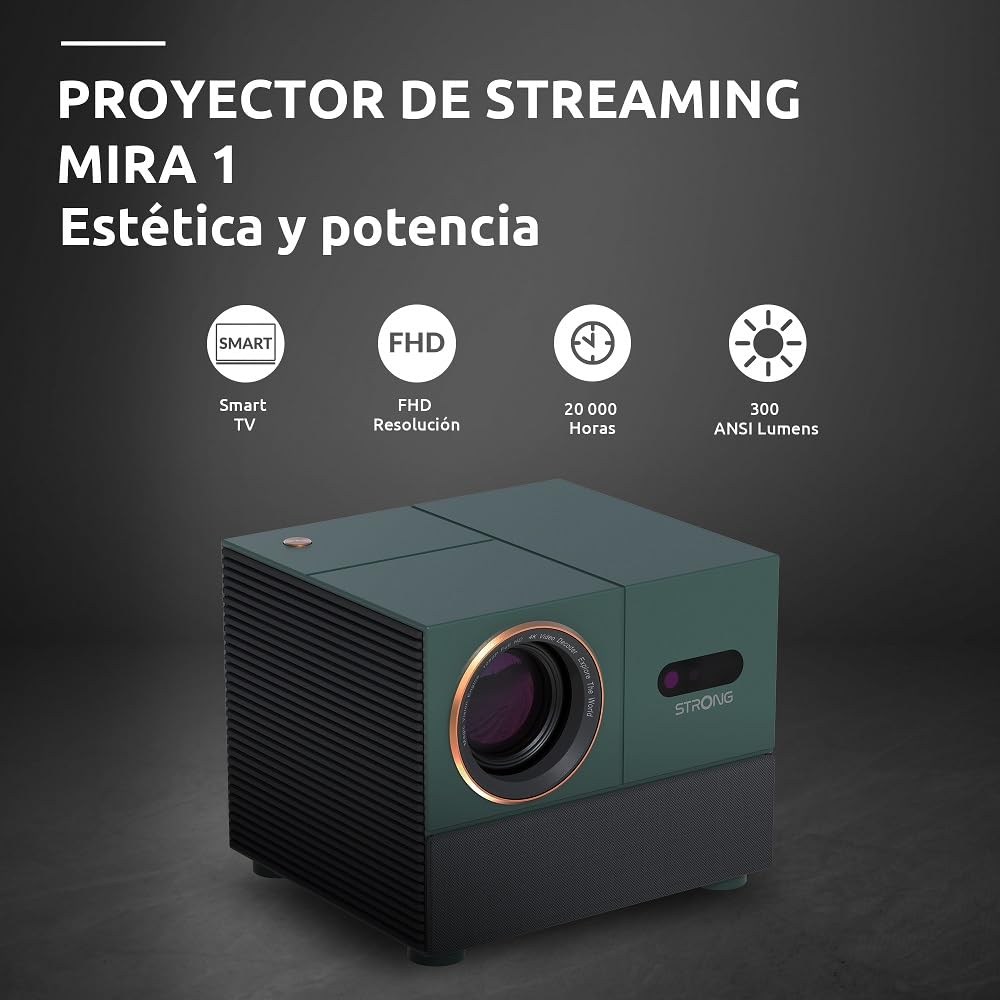 Strong MIRA1 Proyector De Video Oficial Google TV Smart 1080P con Soporte 4K, Enfoque Automático & Keystone, WiFi Bluetooth Portátil Proyector Exterior para iOS/Android/Cine En Casa