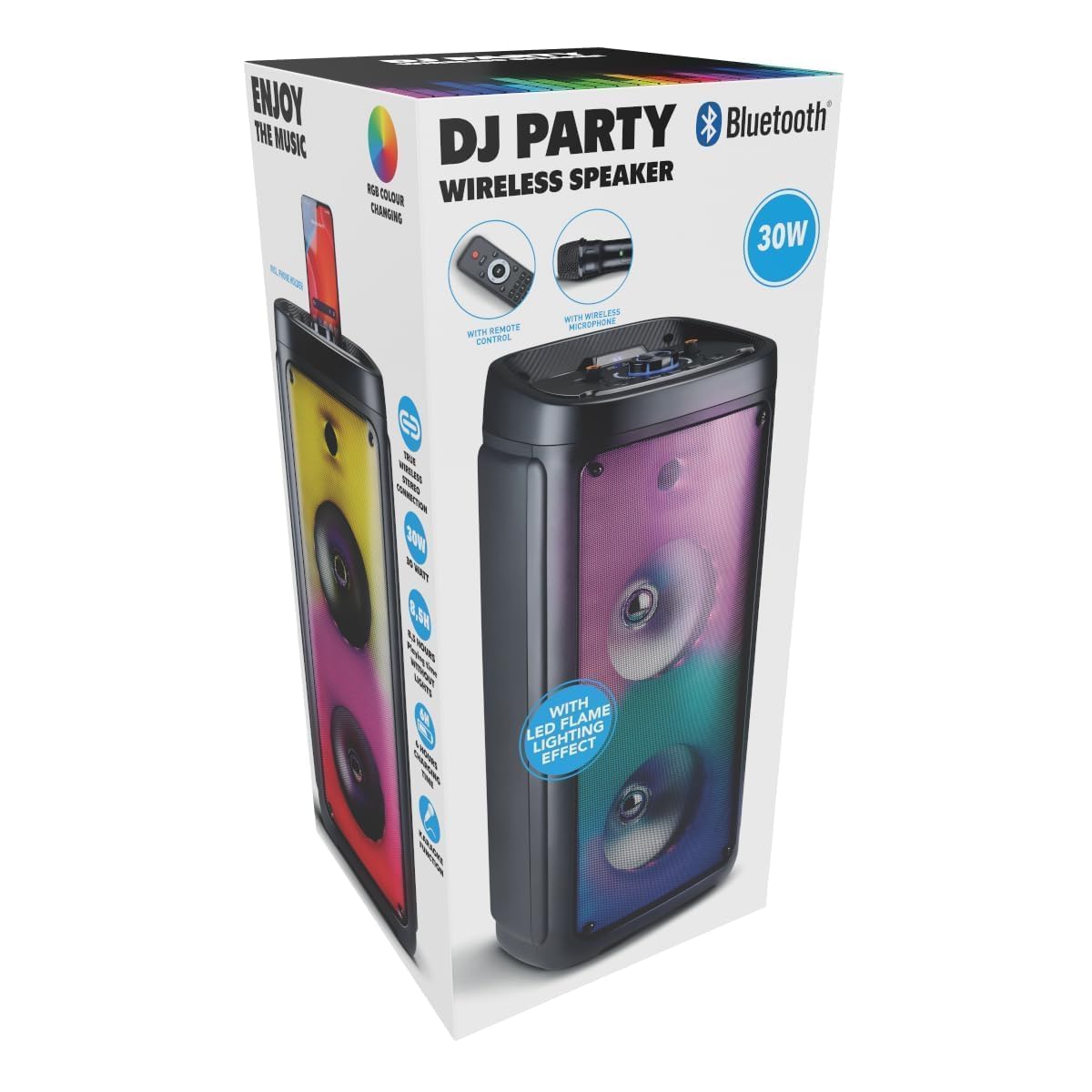 Altavoz Bluetooth con micrófono - Caja de música con iluminación Ambiental - Caja de Fiesta y micrófono de Karaoke - Soundboks con Bluetooth, entradas AUX y USB - Fácil de Transportar con asa - Negro