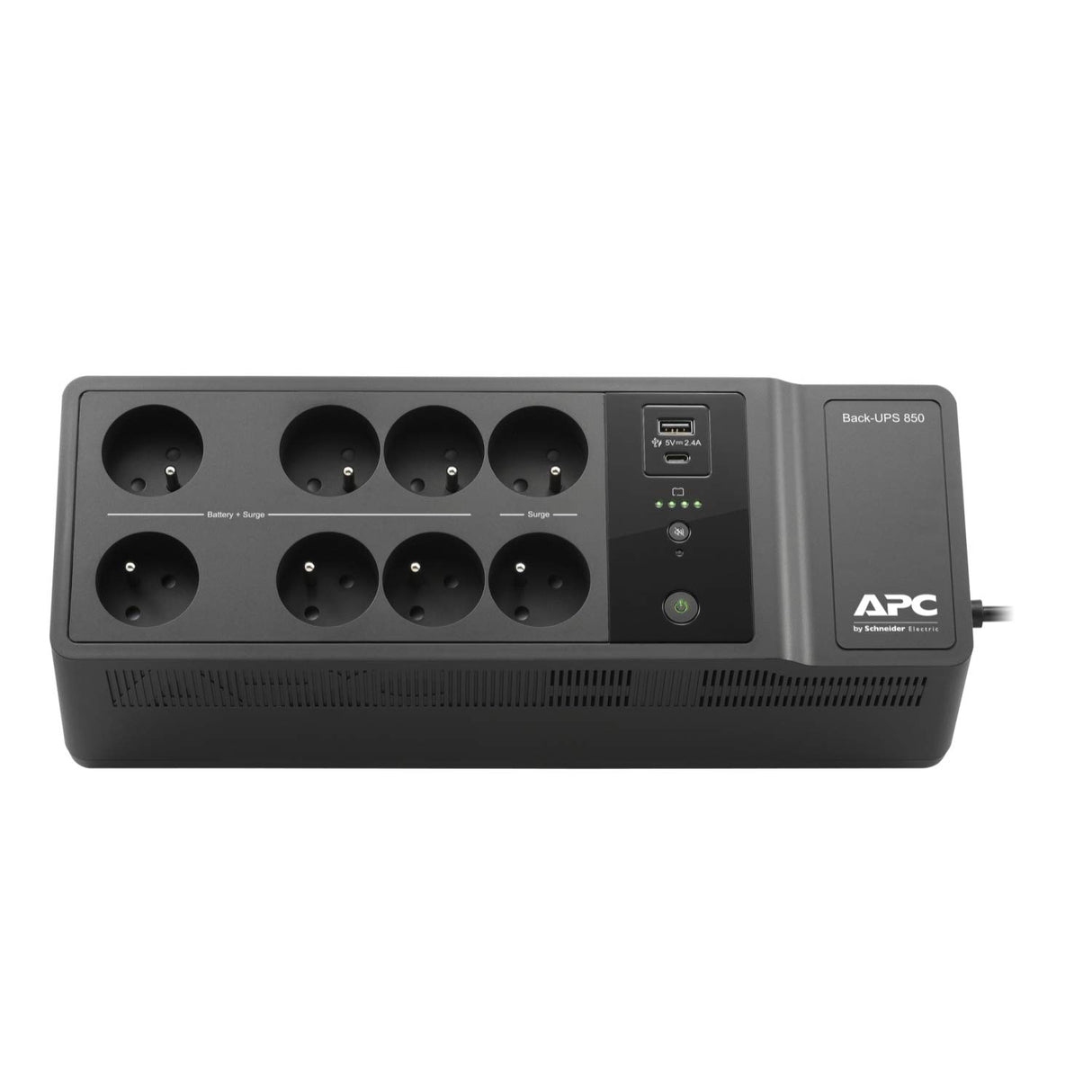 APC Back-UPS Essential BE850G2-FR - Inversor de pararrayos con batería de Respaldo de 850VA (8 enchufes, Protector contra sobretensiones, 2 Puertos de Carga USB rápidos Tipo A y Tipo-C)