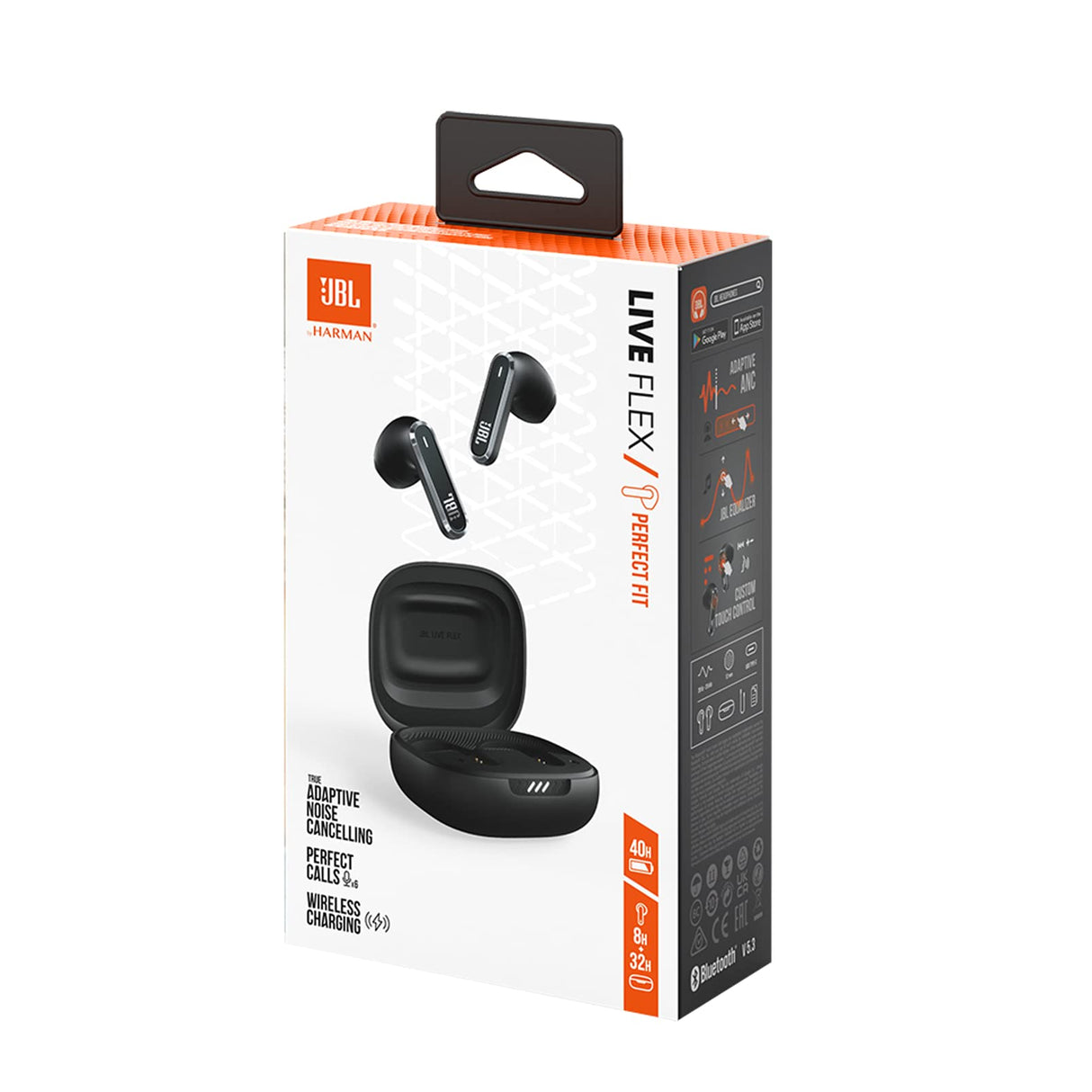 JBL Live Flex, Auriculares In Ear inalámbricos con estuche de carga inteligente, tecnología Bluetooth y de cancelación adaptativa de ruido, llamadas manos libres y hasta 40 horas de autonomía, negro