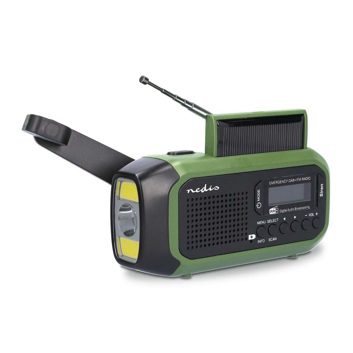 Radio de Emergencia – Versión portátil – Dab+ / FM – Funciona con Pilas/manivela/energía Solar/alimentación Mediante USB – Despertador – Verde/Negro