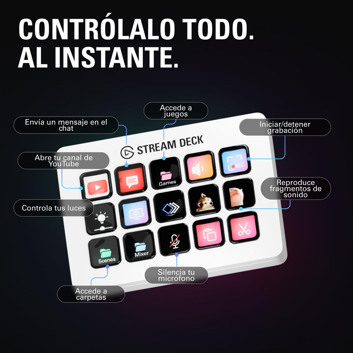 Elgato Stream Deck MK.2 – Controlador de estudio USB, 15 teclas macro, activa acciones en apps y software como OBS, Twitch, YouTube y otros, funciona en Mac y PC