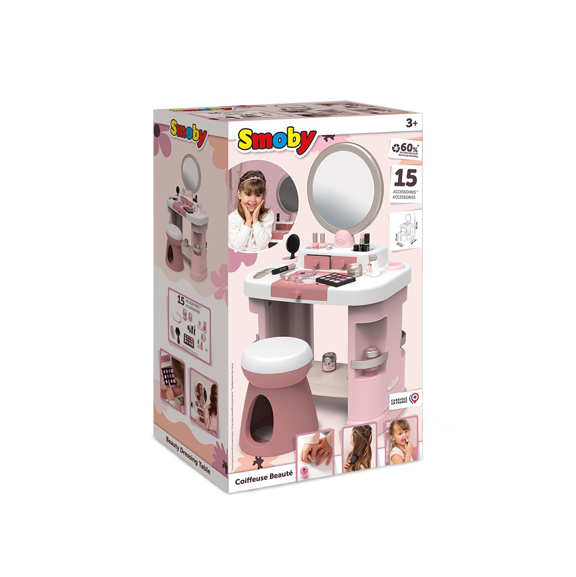 Smoby - Tocador My Beauty - Peluquería, manicura y maquillaje - Espejo y almacenaje - 15 accesorios - Material reciclado - A partir de 3 años - Fabricado en Francia