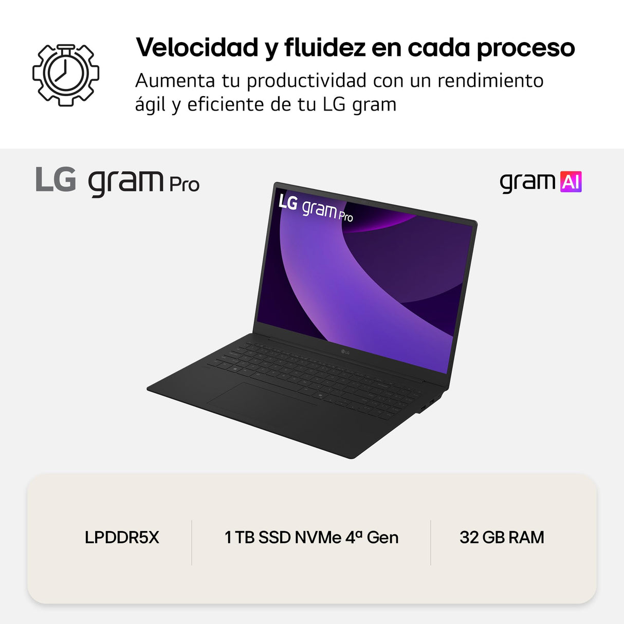 LG gram Pro 16Z90TR-E.AD88B Portátil 16", Windows 11, Intel Core Ultra7 255H, 32GB RAM, 1TB SSD, NVIDIA RTX5050, Pantalla IPS, (2560x1600), 1.360 g, 27 Horas, Negro