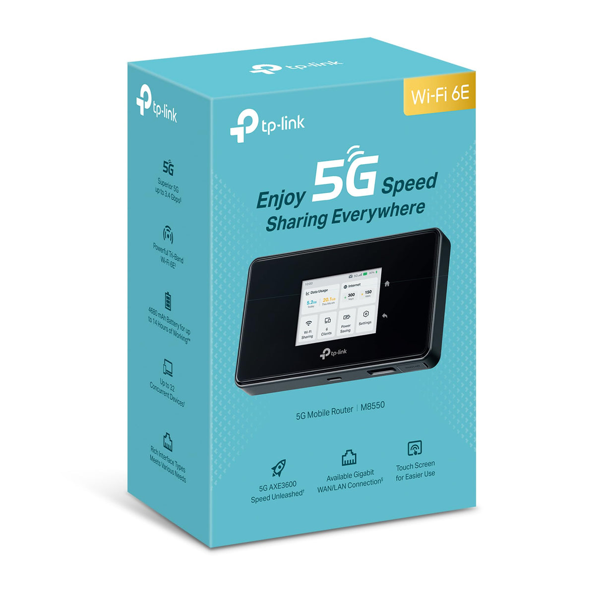 TP-Link M8550 Router Móvil 5G Wi-Fi 6E AXE3600 con Pantalla Táctil, Puertos Gigabit y Conexión para hasta 32 Dispositivos