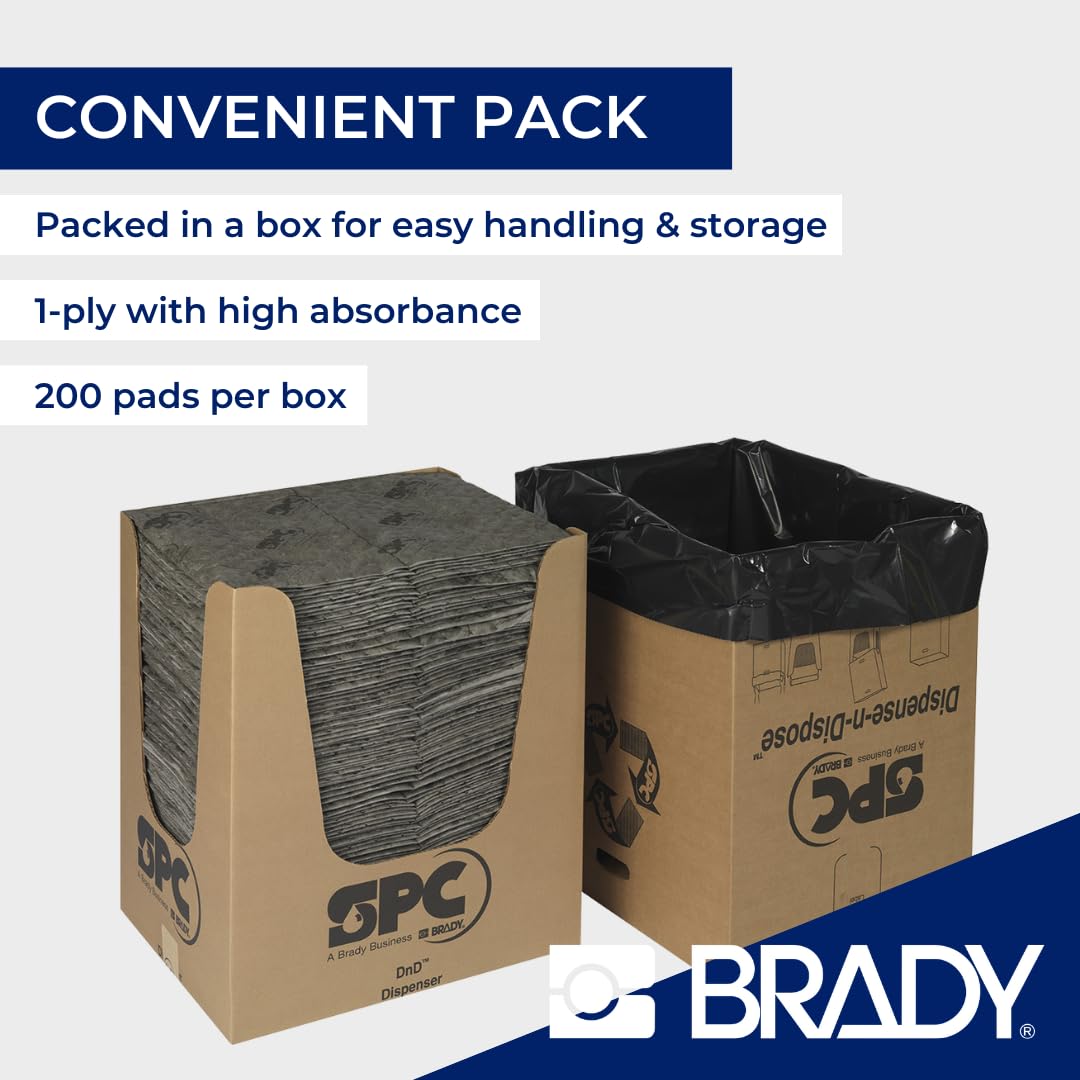 SPC® by Brady Almohadillas Absorbentes Universales – Pack de 200, 1 capa, Sellados y Perforados, 40 cm x 50 cm, Alta Absorción para Aceites, Agua, Disolventes y Refrigerantes