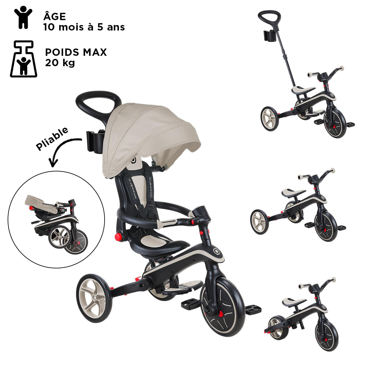 Trottinette enfant Globber Tricycle Explorer 4 en 1 Evolutif et Pliable Taupe