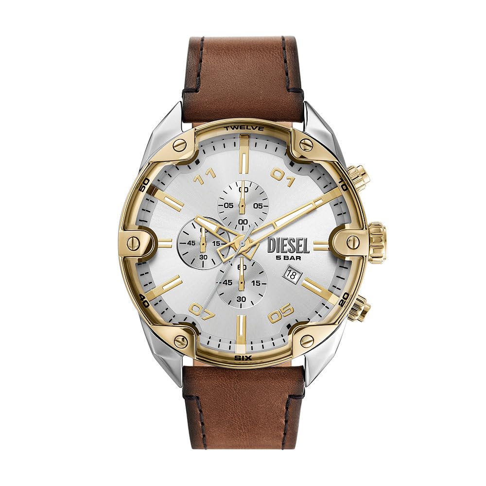 Diesel Reloj Analógico para Hombres de Cuarzo con Correa en Cuero DZ4665, Marrón y Tono Plateado, 49MM