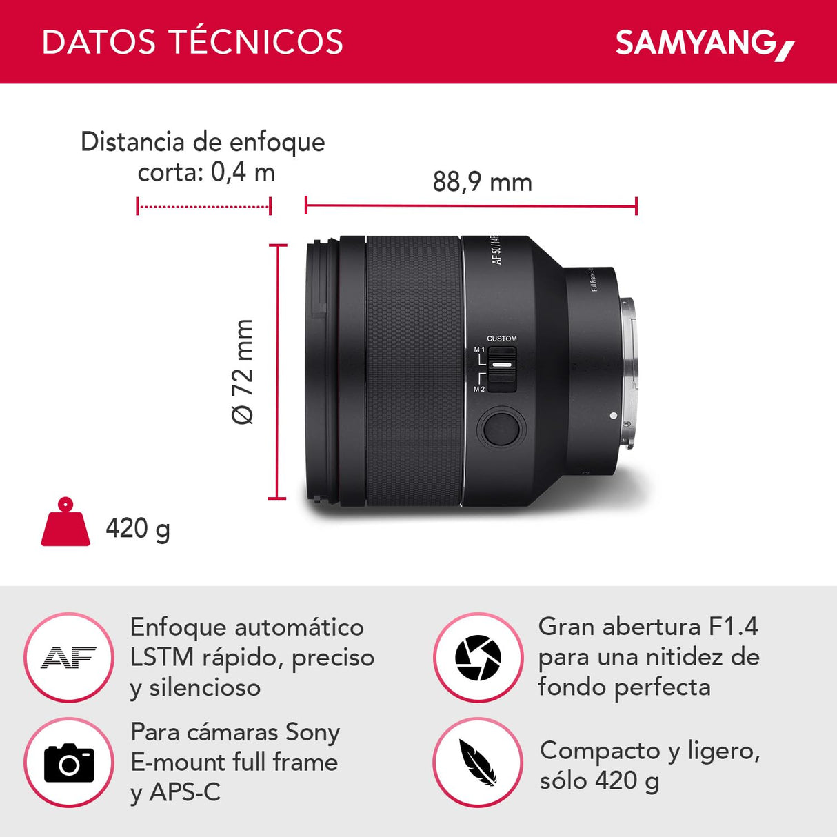 Samyang AF 50 mm F1,4 II FE para Sony E – Objetivo de enfoque automático estándar para cámaras de sistema sin espejo de Sony, sensores de formato completo y APS-C, adecuado para grabación de detalles